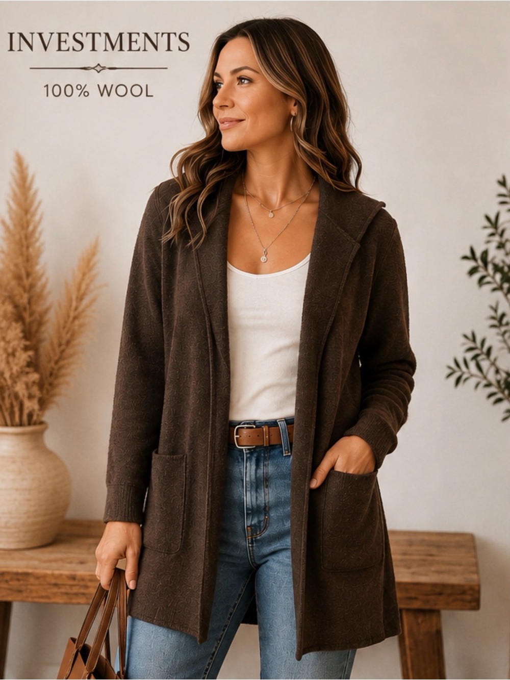 Investments 100% Wool Brown Open Front Cardigan Sweater L Pockets Soft